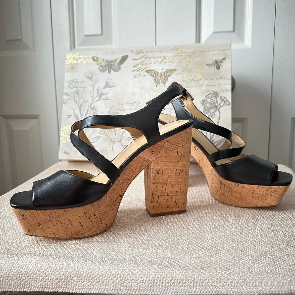 Michael Kors Abbott Black Leather Platform Sandals Size 9.5